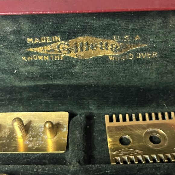 1920s Ball End Gold Tone Gillette Safety Razor Three Piece Set with Case - Picture 5 of 9